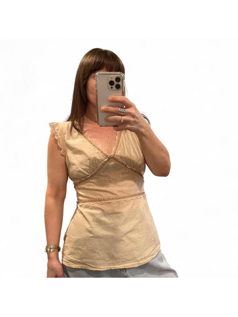 Y2K Butter Cream Eyelet Lace Cotton Top Coquette Boho L